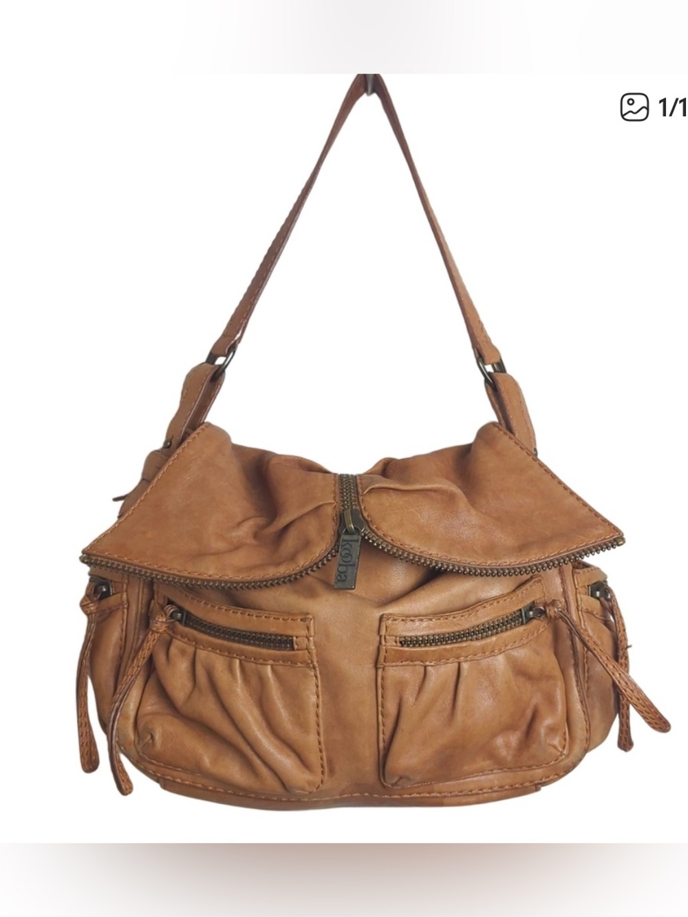 Y2K Kooba Shoulder Retro Leather Purse Brown Zip Front Multi Pocket Flap